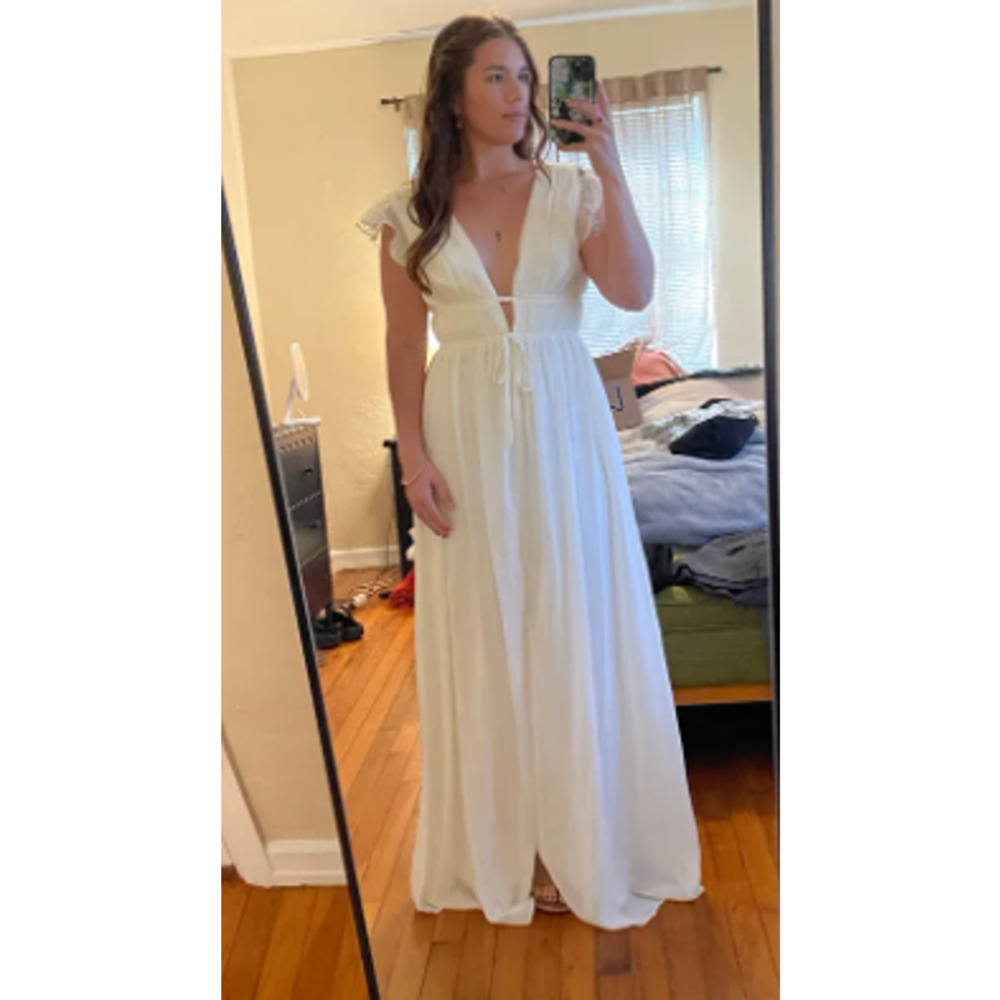 Lulus Tulle Ruffle Cream I'm All Yours Maxi Dress Size L - Picture 10 of 16